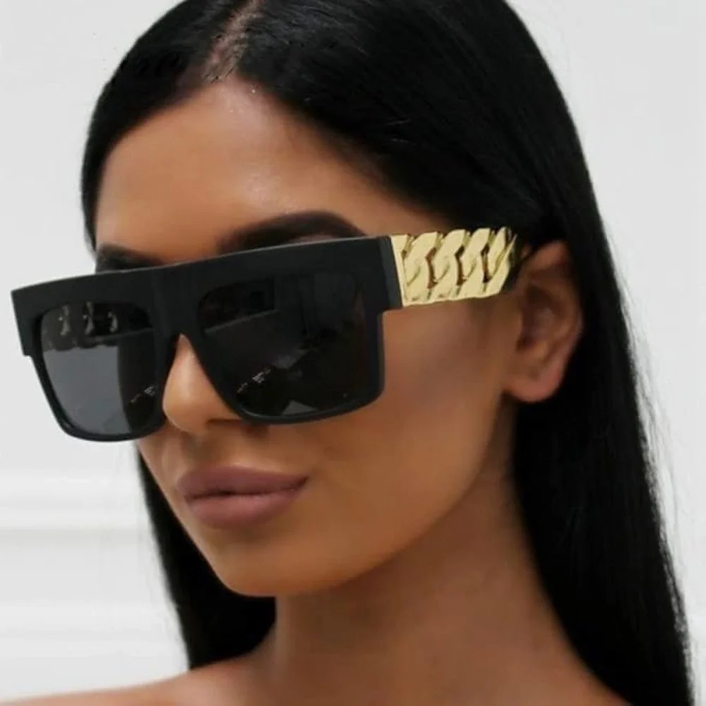 Flat Top Sunglasses Men Gold Hip Hop 80s 90s Style Cholo Dark Black UV400 Lentes